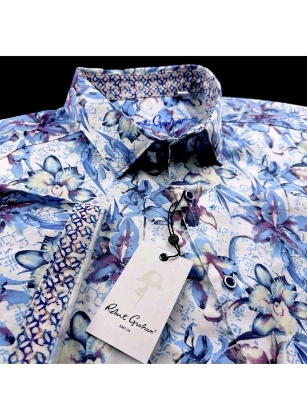 Robert Graham Geometric Floral Tropical Colorful Print Short Sleeve Shirt Large